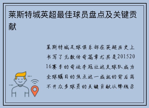 莱斯特城英超最佳球员盘点及关键贡献